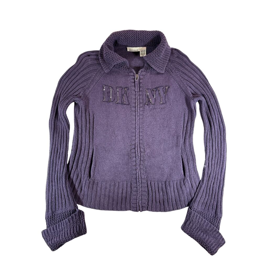 Vintage Y2K DKNY Jeans Purple Zip Sweater Logo Knit XL Collared V Neck